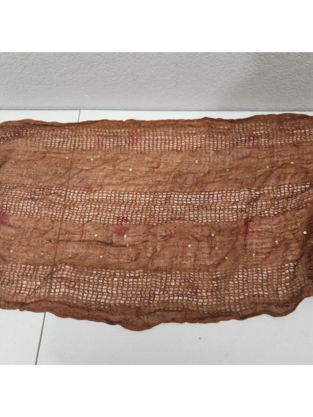 Lightweight Brown Paisley Sequin Scarf With Fringe Detail - Made In India - 100%